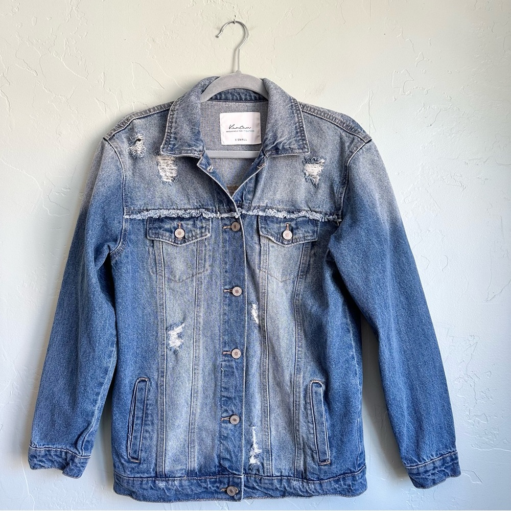 KanCan Women’s Blue Distressed Denim Jean Jacket Oversized Fit Size XS EUC